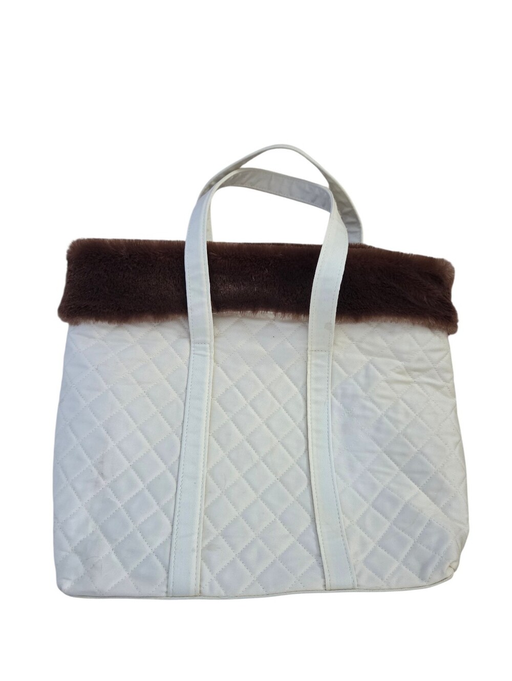 Once Upon A Rose cream quilted bag with brown faux fur top, NWOT.